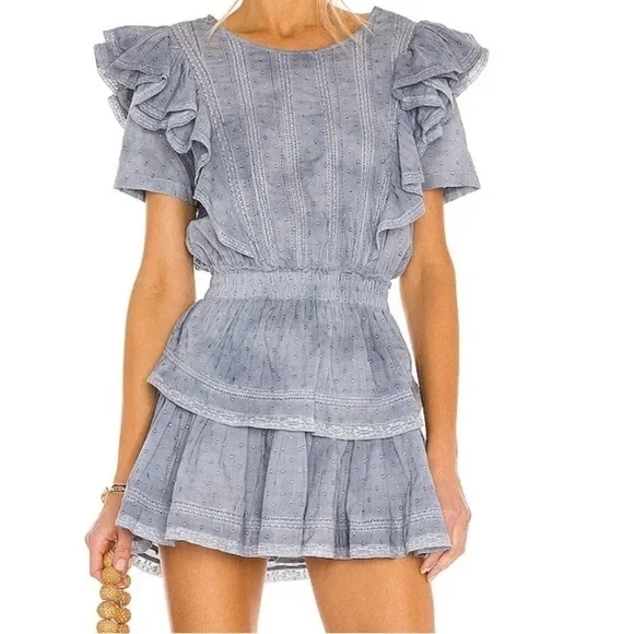 LoveShackFancy Natasha Dress Washed Denim Blue Ruffle Mini - Picture 5 of 11
